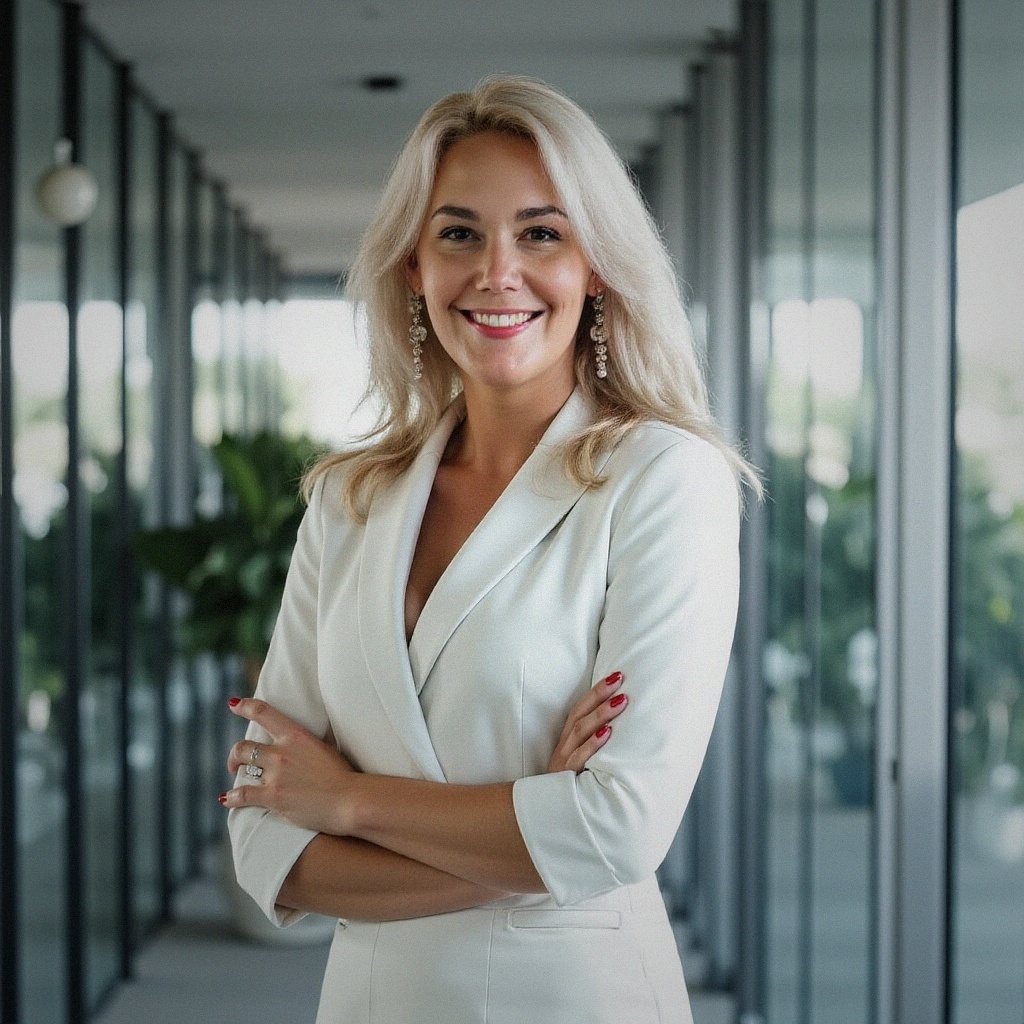 Jessie Culgan in a white blazer, representing a polished and approachable financial adviser presence.